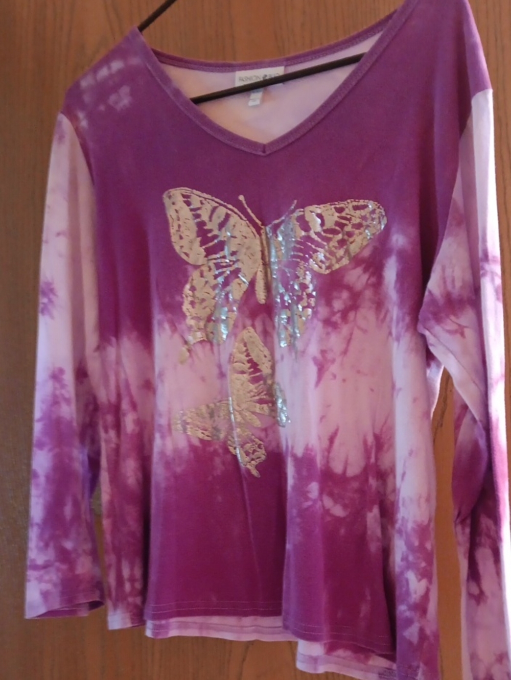 Fashion Bug Purple Tie-Dye V-Neck Long Sleeve Top with Metallic Butterfly